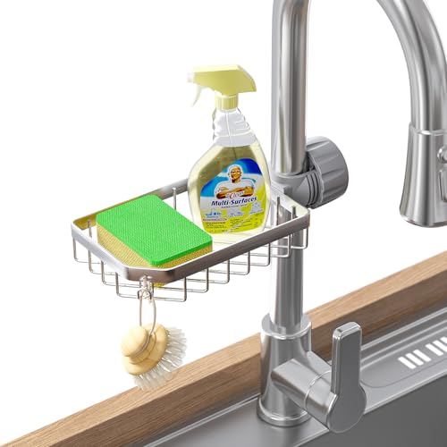 LONIN Sponge Holder Over Faucet Kitchen Sink Caddy Organizer, Stainless Steel Detachable Hanging Faucet Drain Rack for Bathroom, Scrubbers, Soap - Image 1