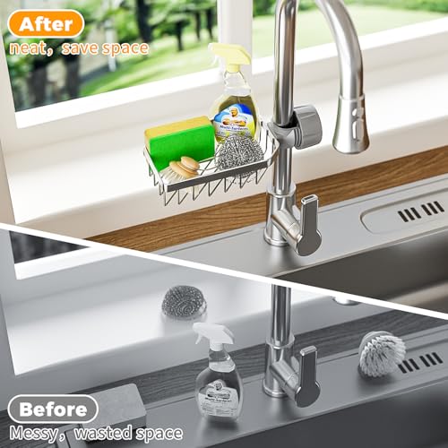 LONIN Sponge Holder Over Faucet Kitchen Sink Caddy Organizer, Stainless Steel Detachable Hanging Faucet Drain Rack for Bathroom, Scrubbers, Soap - Image 3