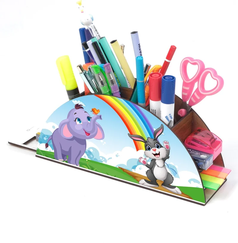 Notpa Wooden Elephant and Rabbit Rainbow Ruler Desktop Pen Holder Box Organizer For Kids GK13