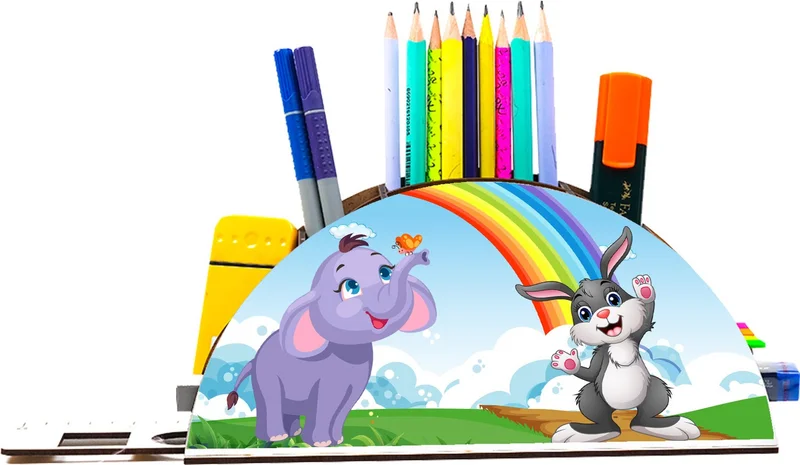 Notpa Wooden Elephant and Rabbit Rainbow Ruler Desktop Pen Holder Box Organizer For Kids GK13