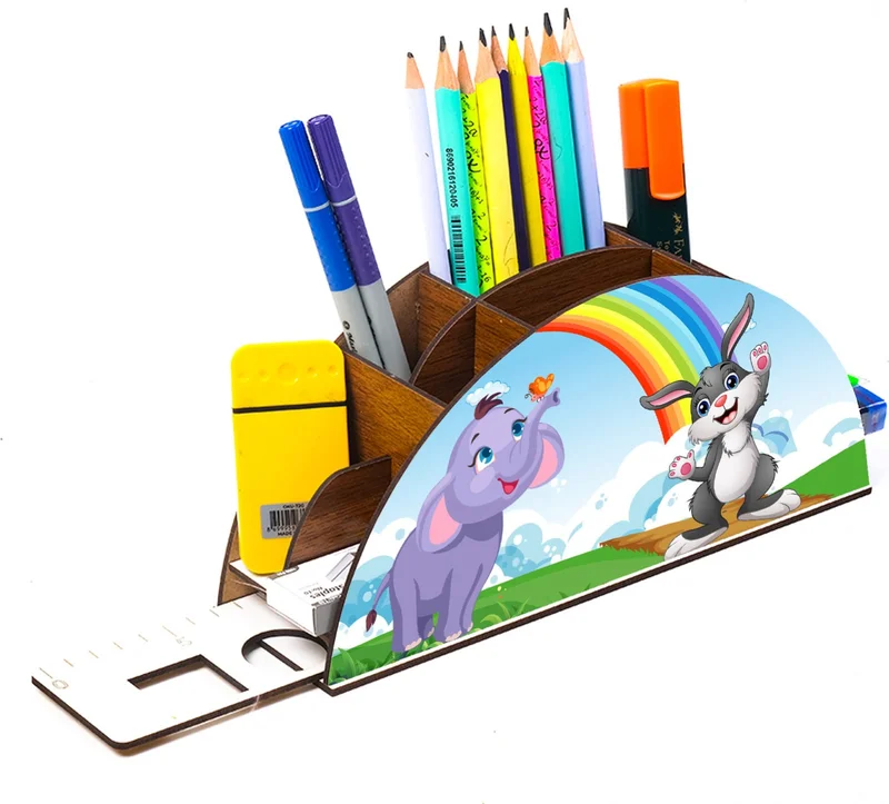 Notpa Wooden Elephant and Rabbit Rainbow Ruler Desktop Pen Holder Box Organizer For Kids GK13