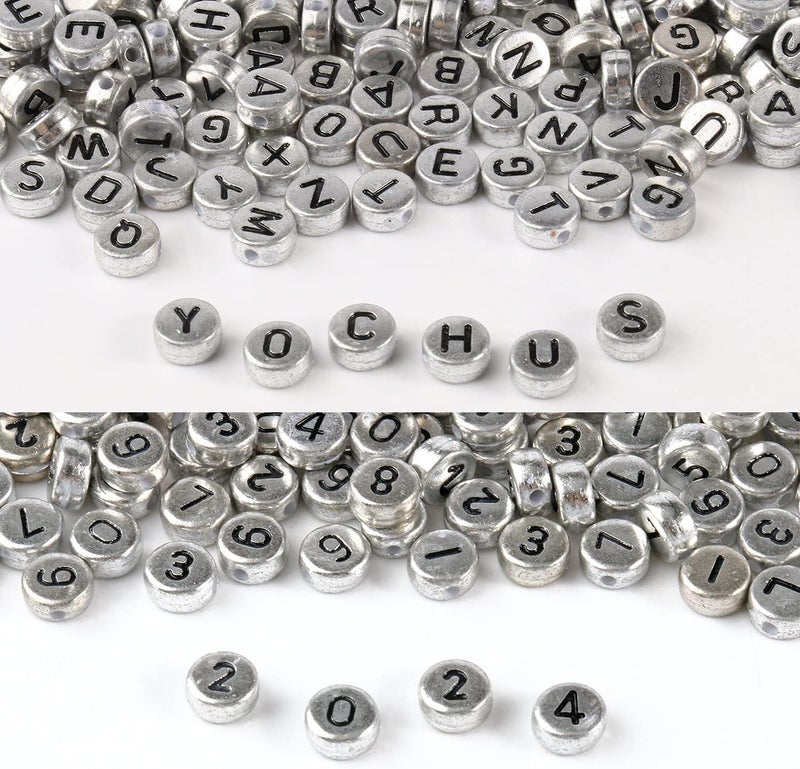 Yochus 1000Pcs Silver Mixed Round Acrylic Letter Beads 4X7Mm Black Alphabet Number Beads For Jewelry Making And Diy Bracelets - Image 1