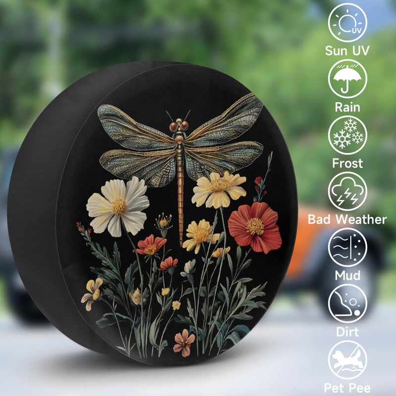 cfpolar Spare Tire Cover for RV Trailer, Boho Dragonfly Flower Waterproof Sun Leather Wheel Cover, Camper Spare Tire Covers Fit for Jeep Travel Trailer SUV (16 in for Diameter 29” - 31”),A-122 - Image 3