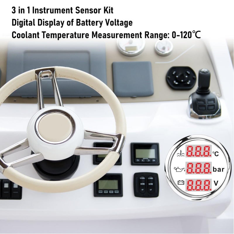 White Dial Silver Cover 3 In 1 Car Marine Gauge Set With Water Temperature Oil Pressure And Voltmeter - Image 4