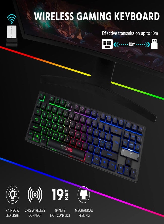 CHONCHOW Wireless LED Keyboard, Rechargeable 87 Key RGB LED Backlit Wireless Keyboard, Ergonomic Light up Gaming Keyboard Wireless compatibility with PC PS4 PS5 Xbox One Laptop, Teclado inalámbrico, Black - Image 2