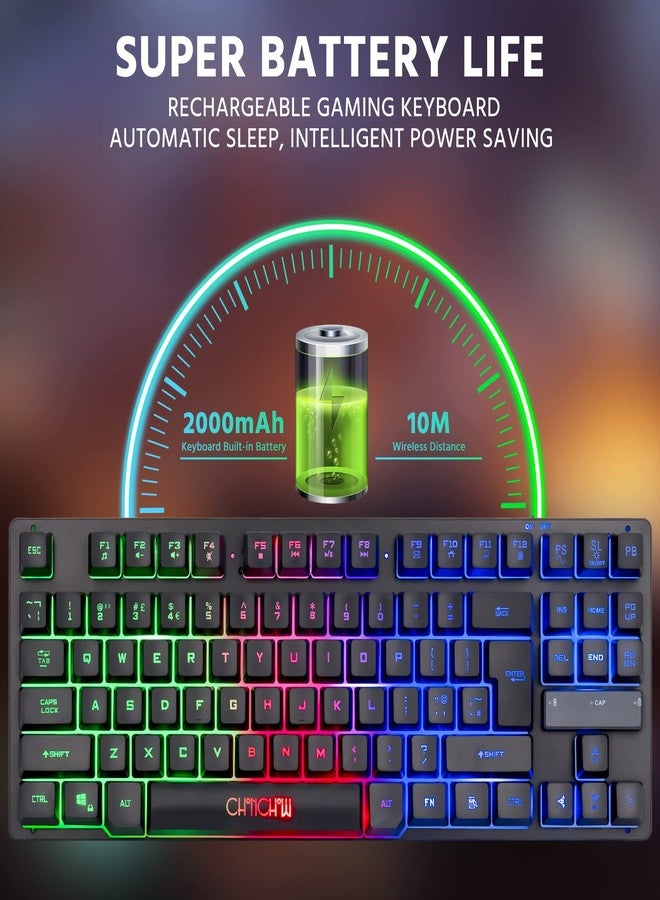 CHONCHOW Wireless LED Keyboard, Rechargeable 87 Key RGB LED Backlit Wireless Keyboard, Ergonomic Light up Gaming Keyboard Wireless compatibility with PC PS4 PS5 Xbox One Laptop, Teclado inalámbrico, Black - Image 3