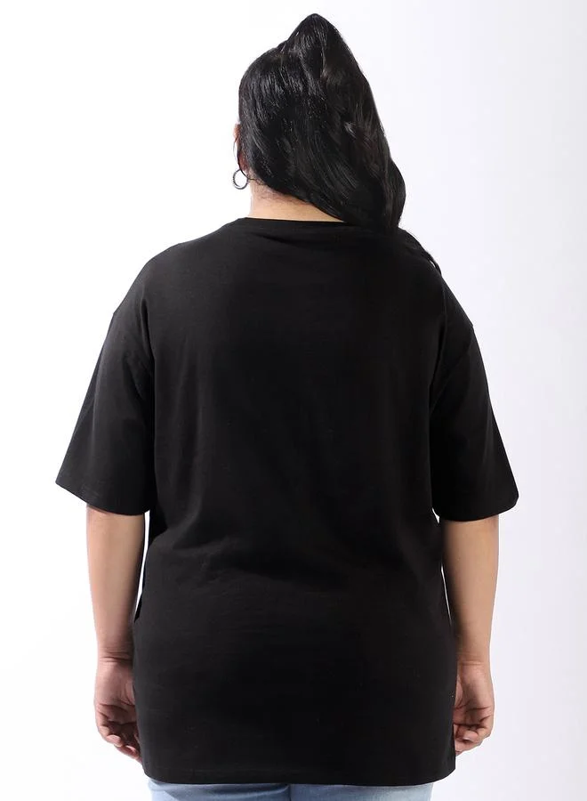 HIGH STAR Women's Black 100% Cotton Printed Plus Size Oversized T-Shirt