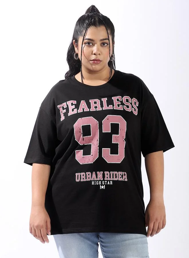 HIGH STAR Women's Black 100% Cotton Printed Plus Size Oversized T-Shirt