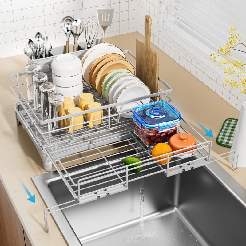 Laveshop Dish Drying Rack  Expandable Rack Large Capacity Dish Drainer for Kitchen Counter RustProof with Utensil Holder Gray