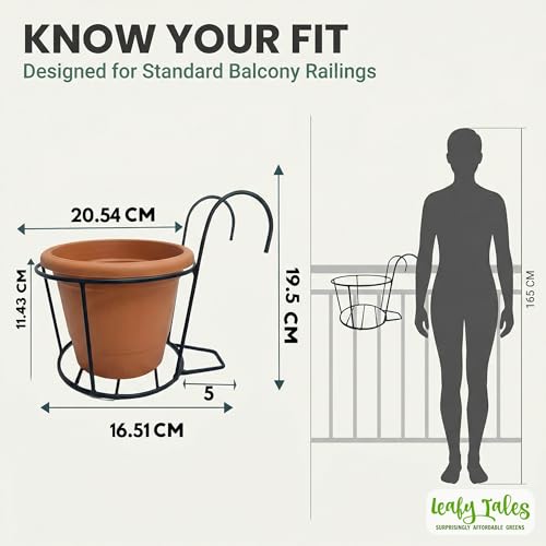 Leafy Tales Metal Hanging Flower Pot Railing Stand (Set of 1) - Rust-Proof Black Plant Holders for Balcony Grill & Terrace | Heavy Duty Hanging Planter Baskets for Home Garden Decor - Image 4