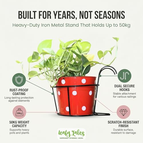 Leafy Tales Metal Hanging Flower Pot Railing Stand (Set of 1) - Rust-Proof Black Plant Holders for Balcony Grill & Terrace | Heavy Duty Hanging Planter Baskets for Home Garden Decor - Image 5