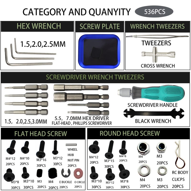 RC Lelut RC Car Repair Work Stand Repair Tool Set 360 Degree Rotation and 523 PCS RC Screws Kit & RC Screwdrivers and Screws Pallet Kit for 1/8 1/10 1/12 1/16 1/18 RC Car Truck Buggy Vehicle Scale Accessories - Image 4