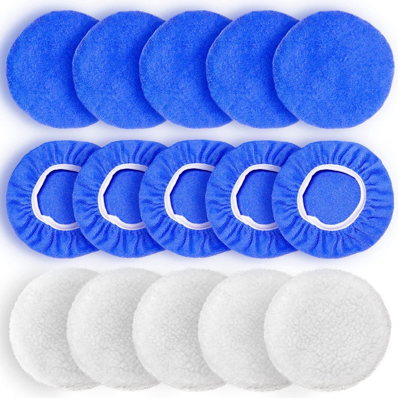 FONAROLL 5 to 6 Inch Car Polisher Pad Bonnet, 15Pcs Car Polishing Bonnet Buffing Pads, 10*Microfiber+5*Woollen - Image 1