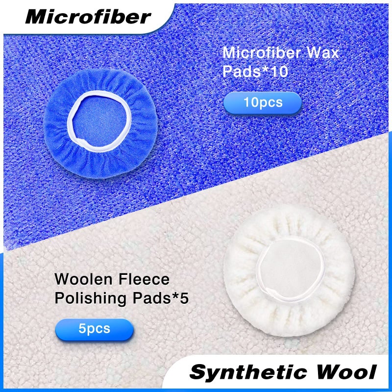 FONAROLL 5 to 6 Inch Car Polisher Pad Bonnet, 15Pcs Car Polishing Bonnet Buffing Pads, 10*Microfiber+5*Woollen - Image 3