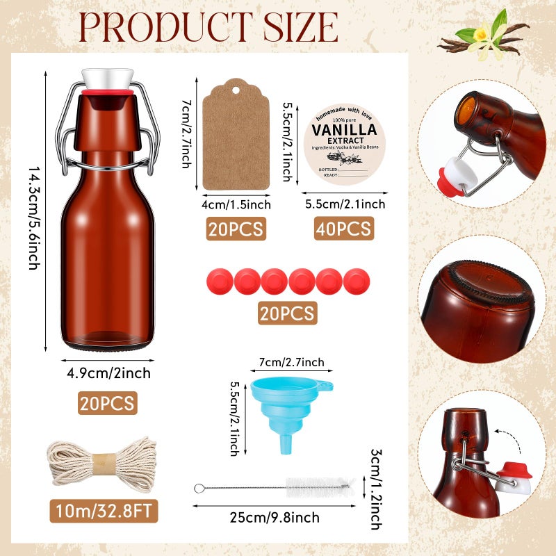 Vesici 20 Sets Swing Top Glass Bottles Set Amber Homemade Vanilla Extract Bottles Vanilla Extract Jars for Christmas DIY Crafts (8 Oz) - Image 2