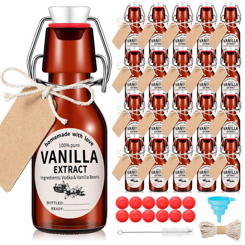 Vesici 20 Sets Swing Top Glass Bottles Set Amber Homemade Vanilla Extract Bottles Vanilla Extract Jars for Christmas DIY Crafts (8 Oz) - Image 1
