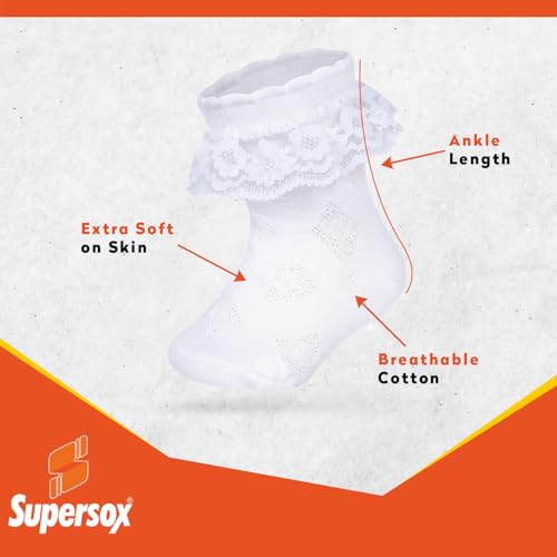 Supersox Frill Ankle Length Socks for Babies | Durable & Breathable Combed Cotton | Extra Soft, Anti-Odor & Moisture Absorbent | Pack of 3 - Image 3