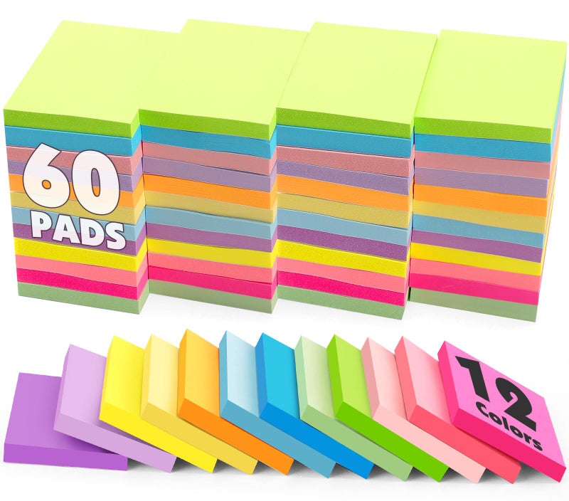 NEOACT (60 Pack) Sticky Notes 1.5x2 Inches, 12 Bright Colors Self-Stick Note Pads Premium Mini Sticky Notes, Bulk Sticky Notes Pads for School, Office, Home - Image 1