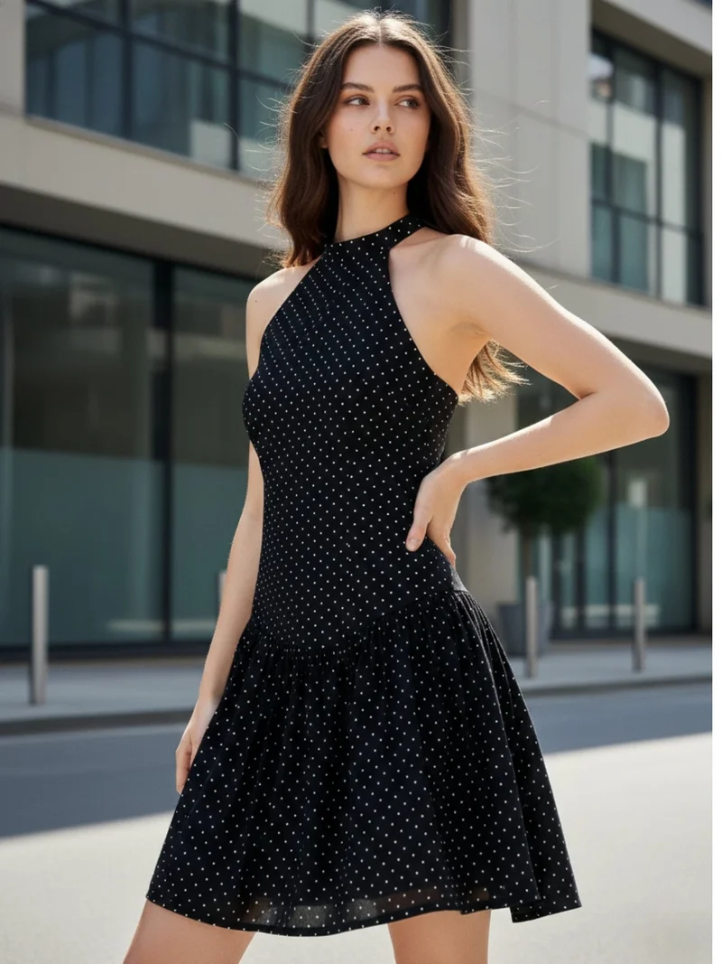 OUTZIDR Black Polka-Dot Ruffled Mini Dress