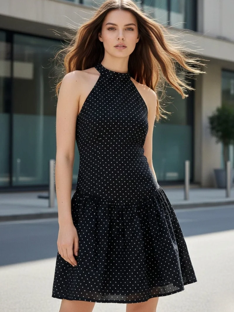 OUTZIDR Black Polka-Dot Ruffled Mini Dress