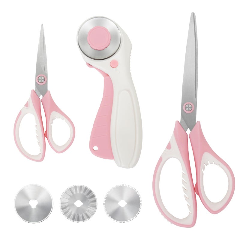 MANUFORE Pink Professional Sewing Scissors Set: Big and Small Scissors, Rotary Cutter with 3pcs Extra Blades for Cutting Fabric - Image 1