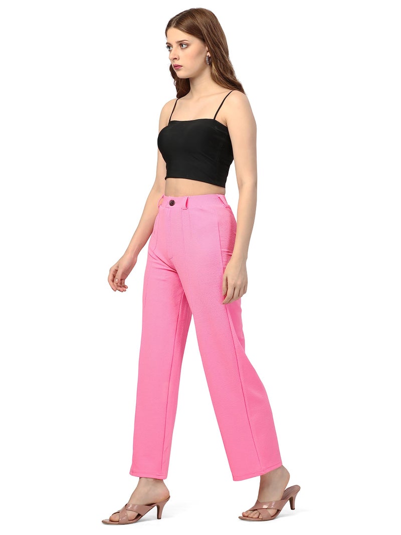 Bhochi Women Polyester Blend Solid Trousers for Women for Dailywear Baby Pink - Image 3