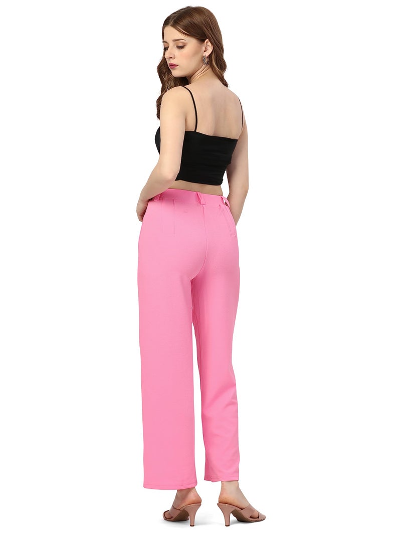 Bhochi Women Polyester Blend Solid Trousers for Women for Dailywear Baby Pink - Image 2