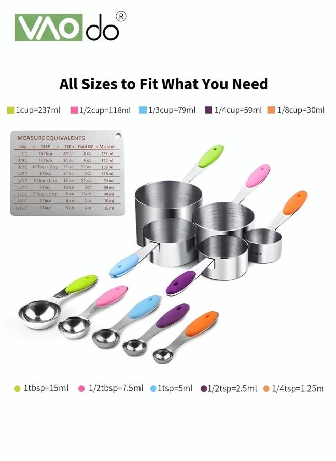 VAOdo - 10 Pieces Measuring Cups and Spoons Set Stackable Stainless Steel Measuring Spoons for Cooking and Baking with Conversion Chart - Image 1
