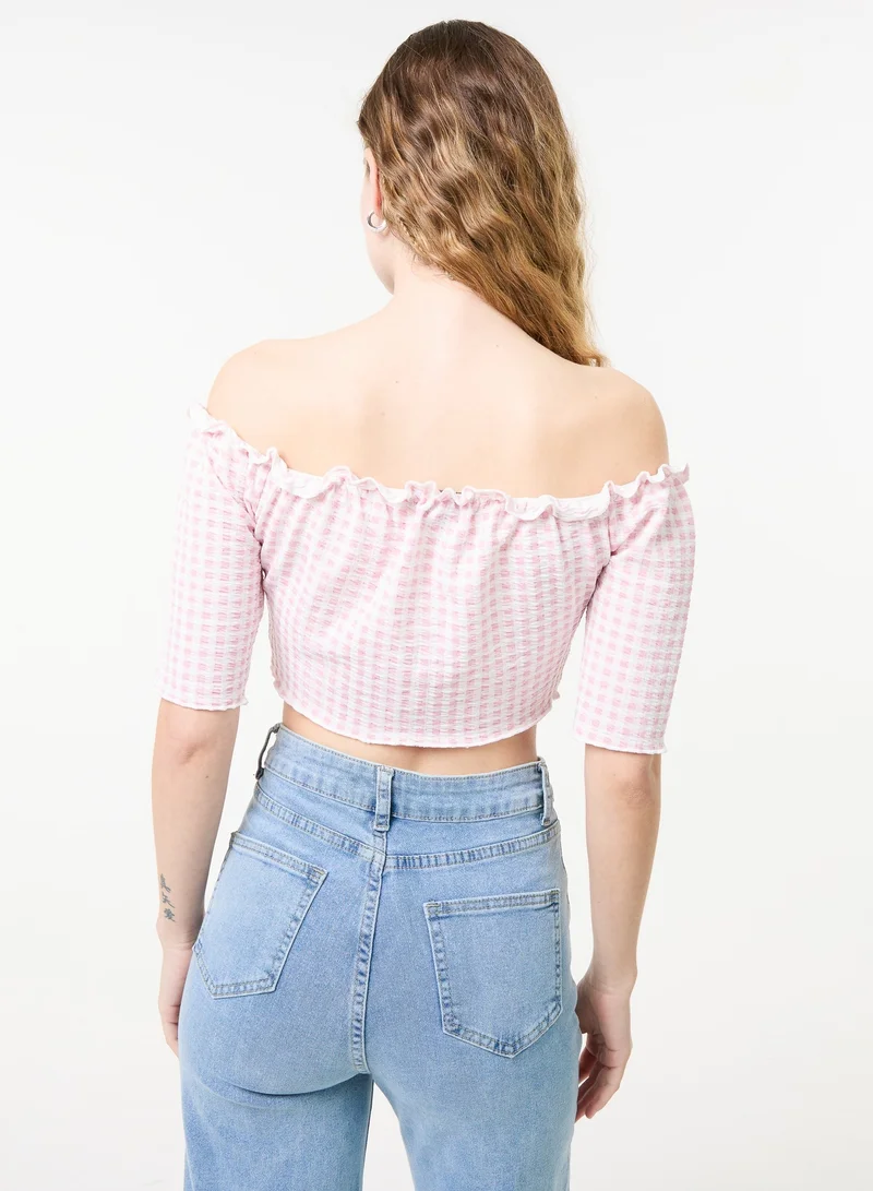 Pink Vanilla Frill Detail Gingham Bardot Top