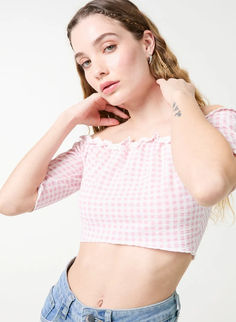 Pink Vanilla Frill Detail Gingham Bardot Top