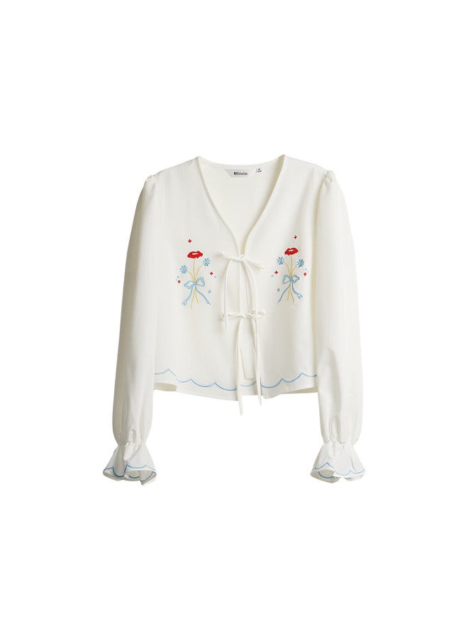 Olrain Eurielle Women's French Vintage Fresh Embroidered Short Shirt White L - Image 2