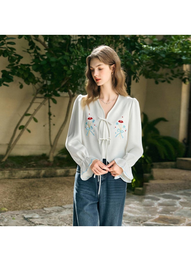 Olrain Eurielle Women's French Vintage Fresh Embroidered Short Shirt White L - Image 1