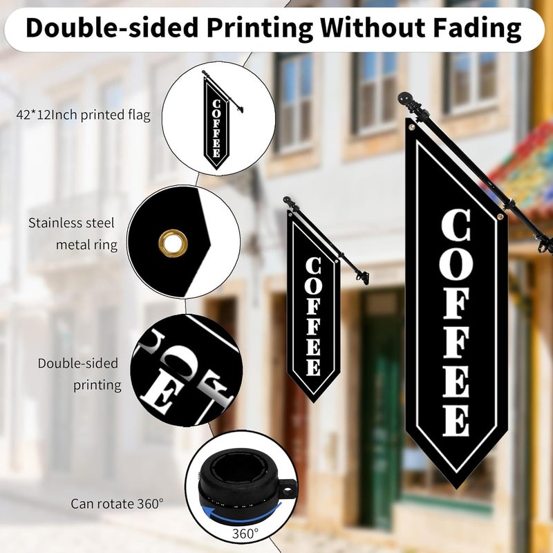 yeload Outdoor Coffee Flag with Pole Kit – 42x12 Inch Double-Sided Heavy-Duty Canvas Banner – Business Storefront Sign with Metal Bracket for Café, Shop, or Restaurant Use (Black) - Image 3