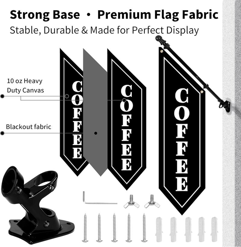 yeload Outdoor Coffee Flag with Pole Kit – 42x12 Inch Double-Sided Heavy-Duty Canvas Banner – Business Storefront Sign with Metal Bracket for Café, Shop, or Restaurant Use (Black) - Image 2