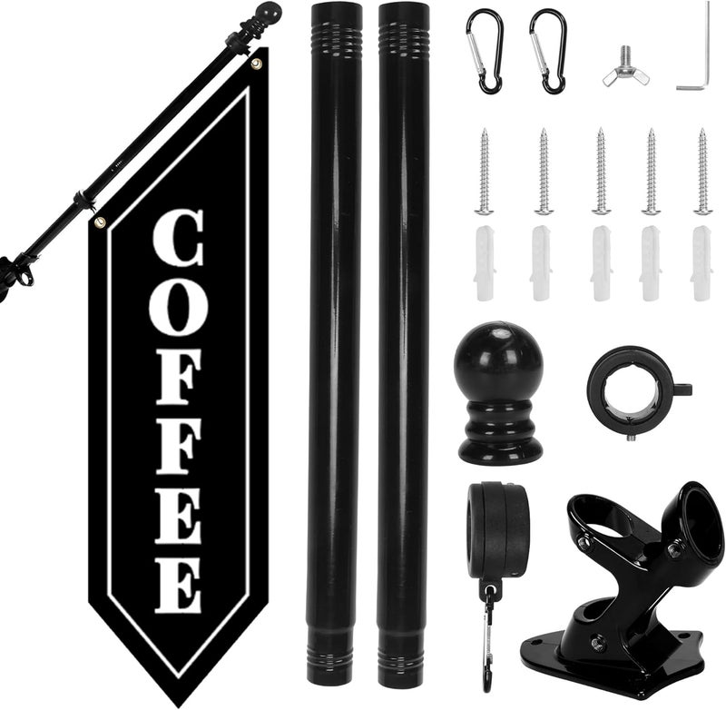 yeload Outdoor Coffee Flag with Pole Kit – 42x12 Inch Double-Sided Heavy-Duty Canvas Banner – Business Storefront Sign with Metal Bracket for Café, Shop, or Restaurant Use (Black) - Image 1