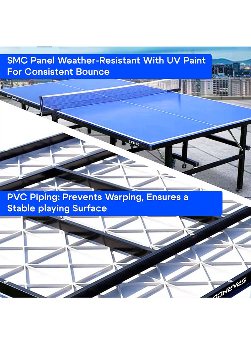 Sparnod Fitness STT-40 Outdoor Table Tennis Table | 14mm SMC Top with UV Protection | Rust-Proof Frame | Solo Playback Mode | Foldable with Oversize Locking Wheels  - Image 3
