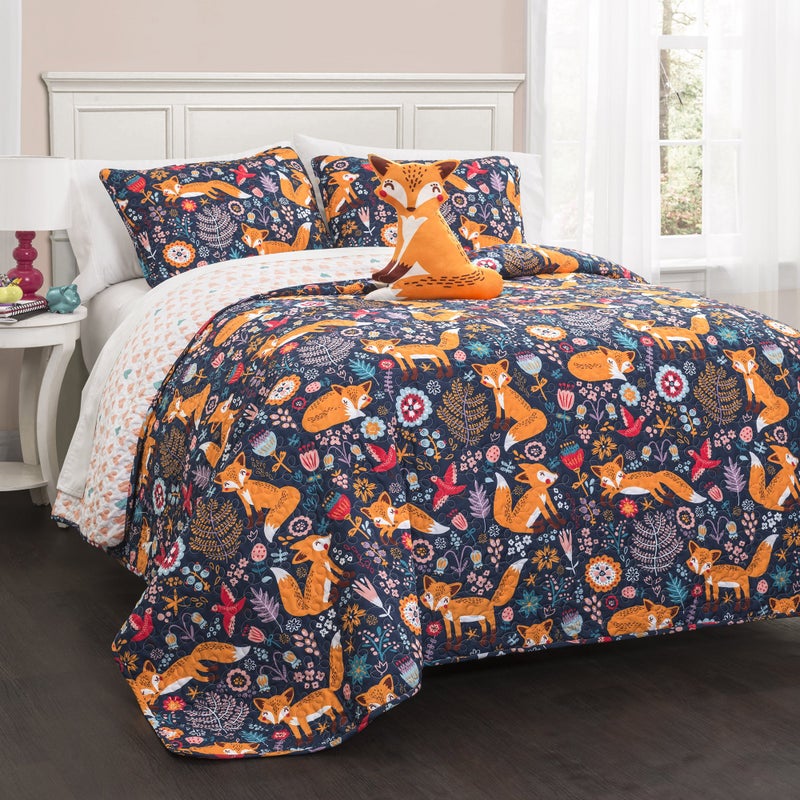 Lush Decor Lush Decor Pixie Fox Reversible Quilt Set 4 Piece Set Full Queen Navy  Orange  Bedding Sets For Girls  Whimsical Quilt For Kids  Toddlers  Floral  Heart Print  Woodland Bedroom Decor 