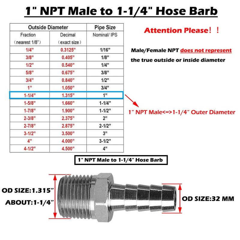 Beduan Stainless Steel 1-1/4"" Hose Barb To 1"" Male Npt Home Brew Fitting Water Fuel Air - Image 2
