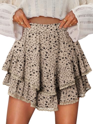 onlypuff Ruffle Skorts for Woman Floral Cute Mini Skirts Flowy Shorts Country Concert Outfits Coastal Cowgirl Coachella Western Skirt Floral Khaki XL - Image 1