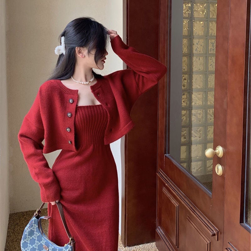 Autumn 2024 Knit Dress and Cardigan Set Red