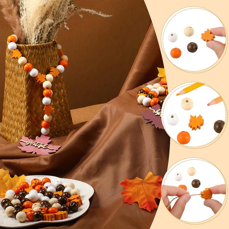 Marsui 125 Pieces Wooden Fall Beads Thanksgiving Colorful Farmhouse Beads Decorative Polished Bead Natural Rustic Home Decor for Thanksgiving Christmas Autumn Garland Crafts (Maple) (Maple,) - Image 3