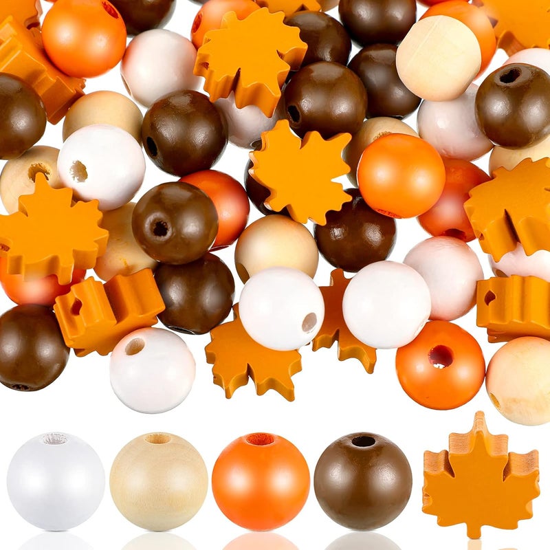 Marsui 125 Pieces Wooden Fall Beads Thanksgiving Colorful Farmhouse Beads Decorative Polished Bead Natural Rustic Home Decor for Thanksgiving Christmas Autumn Garland Crafts (Maple) (Maple,) - Image 1