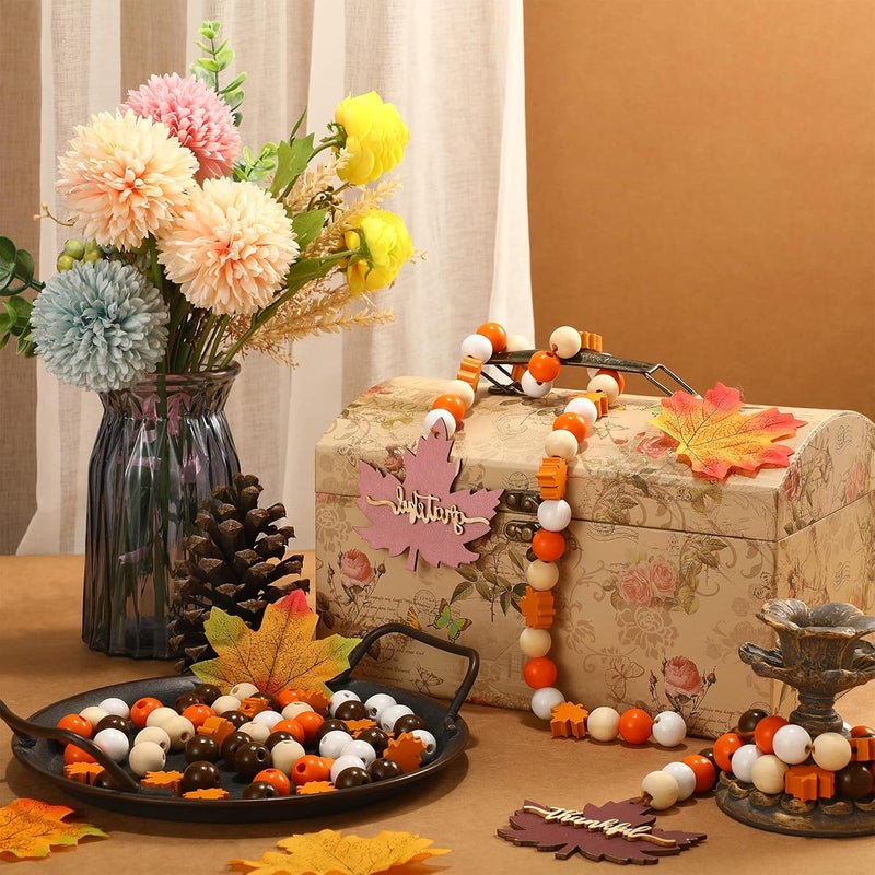 Marsui 125 Pieces Wooden Fall Beads Thanksgiving Colorful Farmhouse Beads Decorative Polished Bead Natural Rustic Home Decor for Thanksgiving Christmas Autumn Garland Crafts (Maple) (Maple,) - Image 2