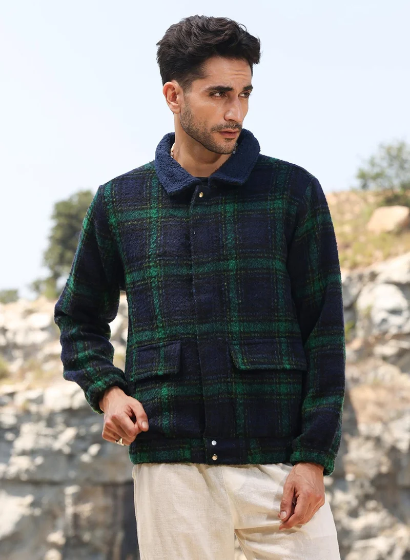 Campus Sutra Men's Navy Blue & Green Tartan Plaid Jacket With Fleece Collar