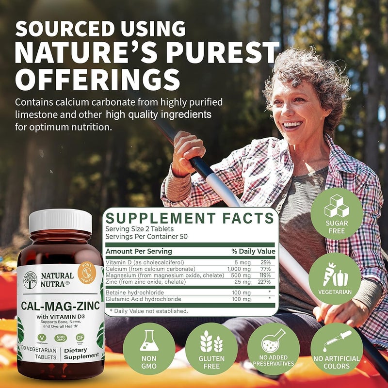 Natural Nutra مكمل كالسيوم مغنيسيوم زنك الطبيعي مع فيتامين د3 لقوة العظام والعضلات يعزز صحة الأعصاب يحسن الهضم خالي من الغلوتين خالي من السكر 100 قرص عبوة من 2 - Image 5