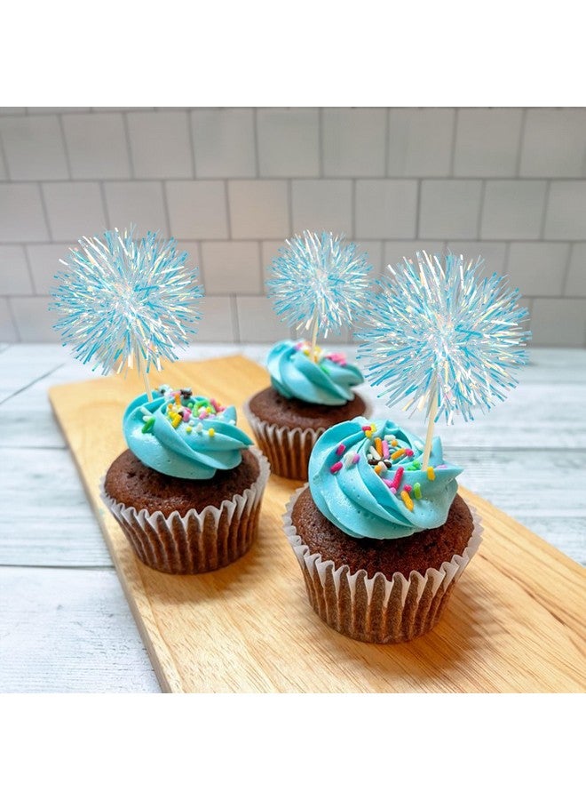 Ephlyn 30Pcs Foil Firework Cupcake Toppers Party Birthday Cake Toppers Supplies Sparkle Tinsel Cocktail Fruit Toothpick for Birthday Wedding Graduation Party Blue - Image 4