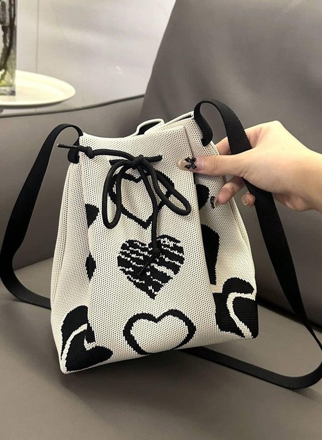 كون حقيبة دلو كروشيه برباط للنساء من كاون، حقيبة يد أنيقة، حقيبة كتف كروس، حقيبة يد بوهيمية أنيقة للشواطئ والحفلات والاستخدام اليومي. (بيج وأسود) - Image 2