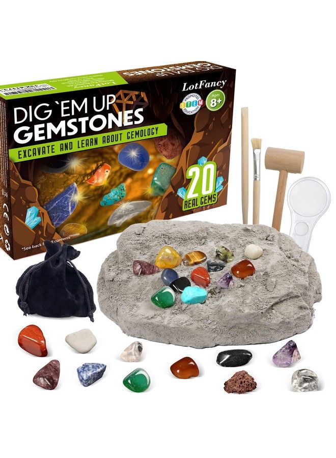 LotFancy مجموعة حفر الأحجار الكريمة لاستخراج 20 حجرًا كريمًا حقيقيًا بما في ذلك جذع الجمشت الكريستالي والتوباز ومجموعة ألعاب تعليمية علمية للأطفال هدية رائعة للأولاد والبنات والكبار مع حقيبة تخزين وأدوات تعدين - Image 1