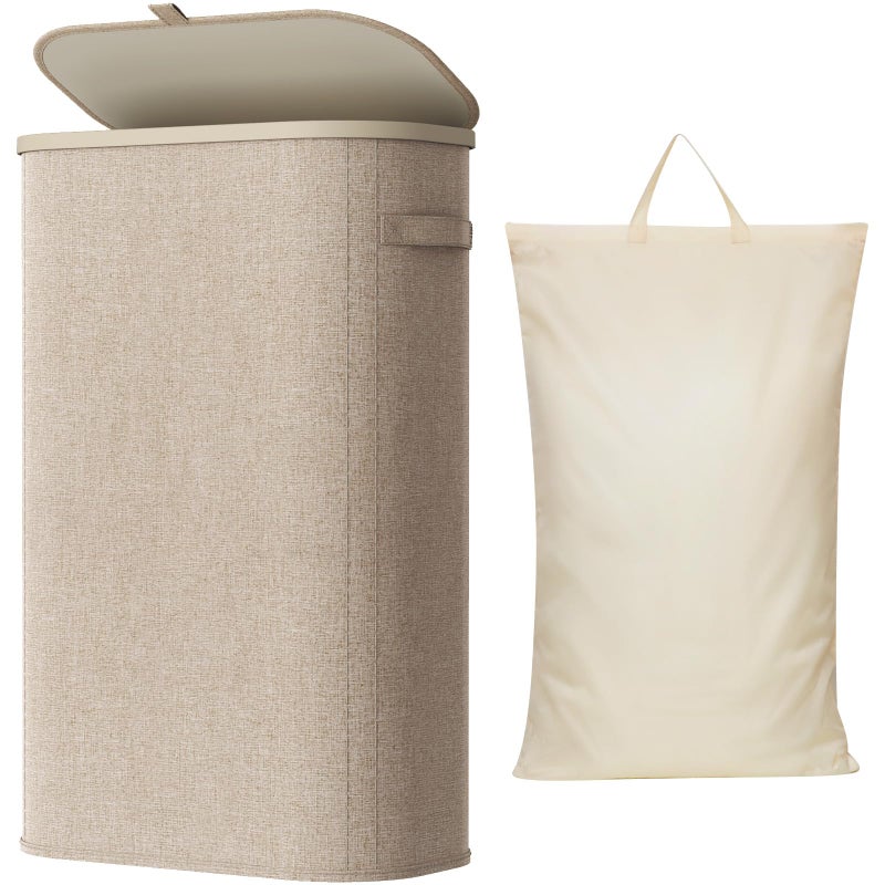Lifewit Slim Laundry Basket with Lid Narrow Laundry Hamper with Plastic Handles and Removable Bag Tall Foldable Dirty Clothes Hampers for Laundry Room Bedroom Bathroom Dorm 65L Beige - Image 2