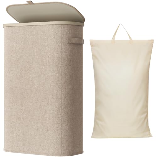 Lifewit Slim Laundry Basket with Lid Narrow Laundry Hamper with Plastic Handles and Removable Bag Tall Foldable Dirty Clothes Hampers for Laundry Room Bedroom Bathroom Dorm 65L Beige - Image 1